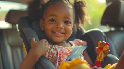 A young girl with curly hair wearing a colorful dress smiling and holding a toy seated in a car seat. - obrazy, fototapety, plakaty