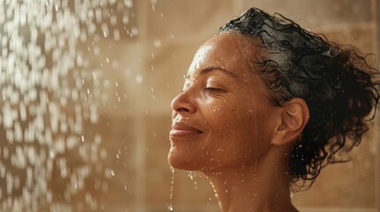 A woman with closed eyes smiling and enjoying a shower with water droplets falling on her face.