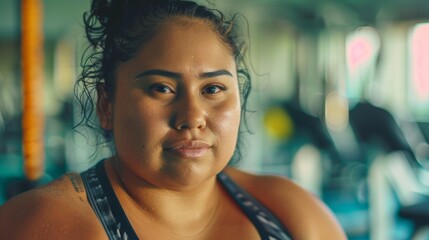 A woman with a determined expression wearing a sports bra in a gym setting with her hair pulled back and a hint of sweat on her skin. - obrazy, fototapety, plakaty