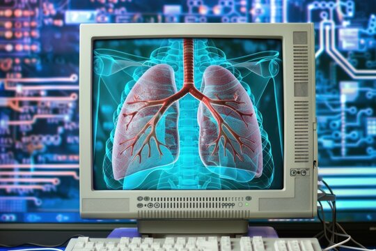 computer monitor with images of a lung
