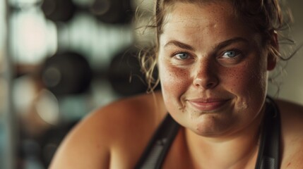Fototapeta premium A woman with freckles and blue eyes smiling at the camera wearing a black top with a blurred background.