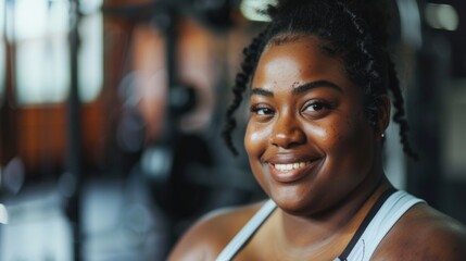 A smiling woman with braided hair wearing a sports bra standing in a gym with blurred equipment in the background. - obrazy, fototapety, plakaty