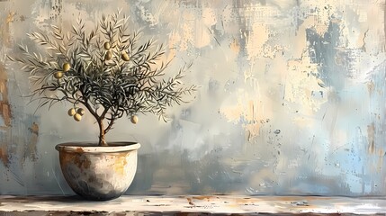 Still life Oil painting Vintage olive tree in the pot on grey background wall art, painting, background, wallpaper - obrazy, fototapety, plakaty
