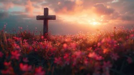 Foto auf Glas Ascension day concept. The cross on meadow autumn sunrise background. 4K Video, 8k Genrative AI © Sumbul