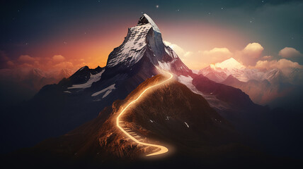 glowing path to the top of the mountain, business success strategy, development and growth concept - 780515512