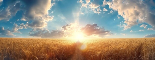 Sunset Serenade over Golden Wheat Fields - A Panoramic Splendor - Generative AI - obrazy, fototapety, plakaty