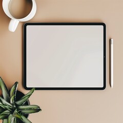 Tablet device with blank screen on a table with house plant and coffee cup mockup template background