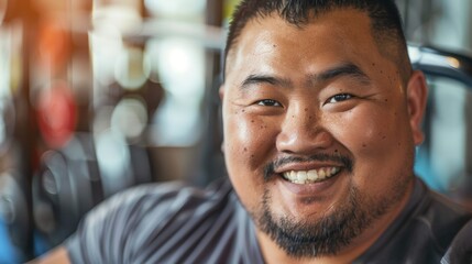 Smiling man with short hair and beard wearing a gray shirt in a blurred indoor setting.