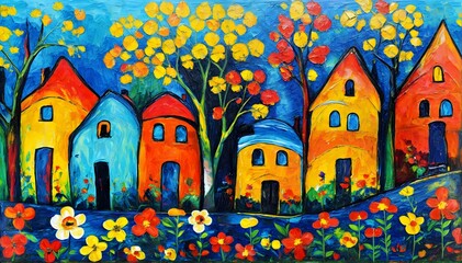 abstract painting of houses beside each other with trees and surrounded by flowers
