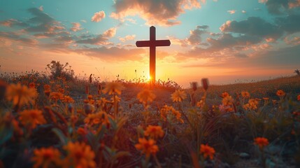 Fototapeta premium Ascension day concept. The cross on meadow autumn sunrise background. 4K Video, 8k Genrative AI