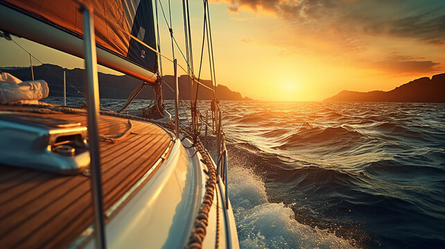 sailing yacht in motion close-up, at sunset walking on the waves, travel and freedom, background copy space