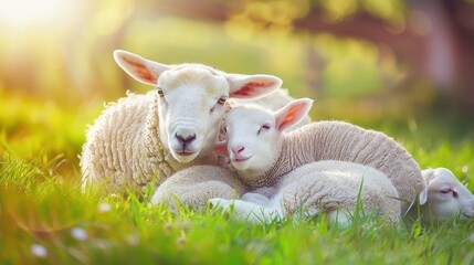 Embrace of Spring: Tender Moments Between Sheep and Lambs - Generative AI