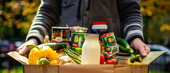 Volunteer holding a cardboard box filled with canned food and various food products, butter, vegetables, milk, charity. Donation and volunteering concept