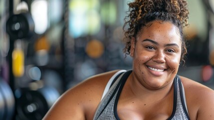 Smiling woman with curly hair wearing a gray sports bra in a gym setting with blurred weights in the background. - obrazy, fototapety, plakaty
