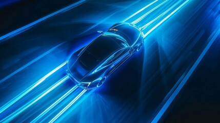 The car speeds forward, blue light wraps around the car