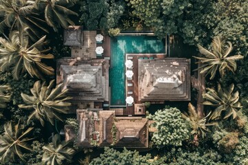 Aerial view of a luxury resort with thatched-roof villas by a serene pool surrounded by lush tropical greenery, Concept of travel, leisure, and luxury