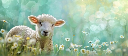 Serene Spring Lamb Amidst Luminous Daisies - Artistic Impression Generative AI - obrazy, fototapety, plakaty