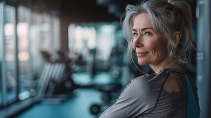 A woman with gray hair smiling wearing a gray top standing in a gym with exercise equipment in the...