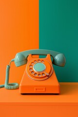 An orange retro dial telephone on the green olive background