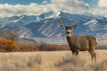 Deer buck in front of mountains on a nature background.