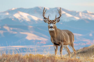 Deer in front of mountains on a nature background.