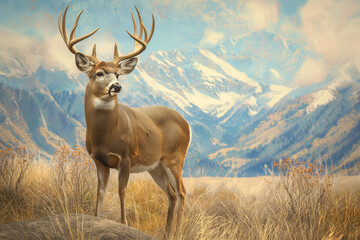 Obraz premium Deer in front of mountains on a nature background. beautiful deer. Generative ai