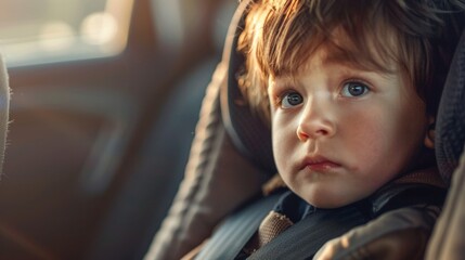 A young child with a contemplative expression seated in a car seat looking off to the side.