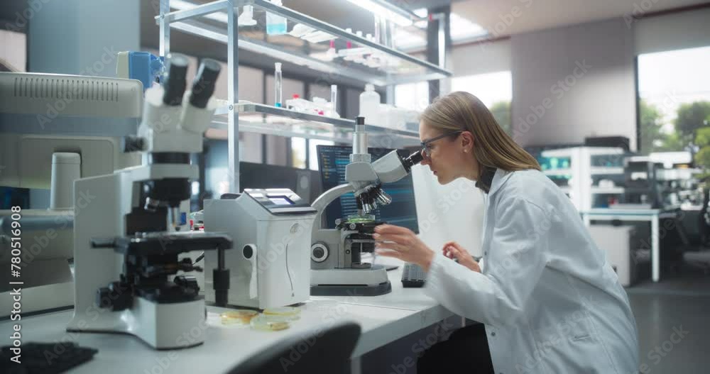 Poster Medical Research and Development Laboratory: Beautiful Caucasian Female Scientist Working on a Computer and Looking at a Sample in a Petri Dish Under a Microscope. Advanced Biotechnology Lab