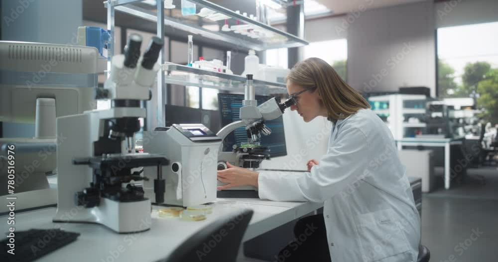 Aufkleber Medical Science Laboratory: Female Microbiologist in Glasses Looking Through the Microscope, Analyzing Sample Cells and Writing Down Results on a Computer. Skillful Scientist Working in a Lab