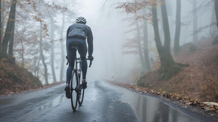 A lone cyclist pedaling down a misty leaf-strewn forest road. - obrazy, fototapety, plakaty
