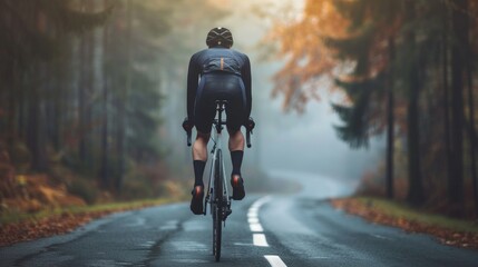 A cyclist in a black and orange outfit riding a bicycle on a wet road with trees and autumn leaves in the background. - obrazy, fototapety, plakaty