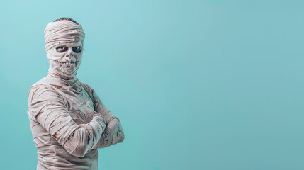 Young man in costume dressed as a Halloween cosplay of a scary mummy on blue background