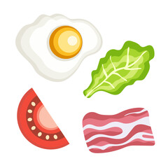 Vector set of food. Scrambled eggs, bacon, tomato and lettuce. Breakfast illustrations.