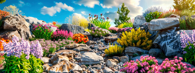 Stones and flowers are a beautiful landscape. Selective focus.