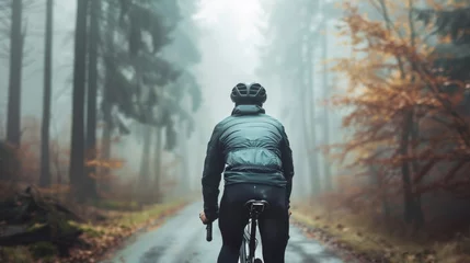 Foto op Plexiglas A solitary cyclist in a forested area riding on a misty path with a sense of adventure and solitude. © iuricazac