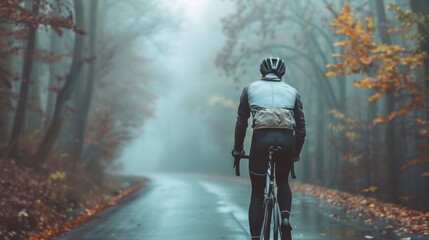 A cyclist in a blue jacket and black pants riding a bicycle on a foggy leaf-covered road through a forest during autumn.