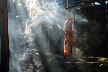 Smoky sausage hanging on hook, emitting aroma for a delicious dish