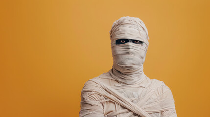 Young man in costume dressed as a Halloween cosplay of a scary mummy on orange background