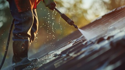 A worker spraying a liquid on a roof with a high-pressure washer. - obrazy, fototapety, plakaty
