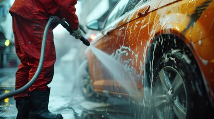 A person in a red jumpsuit washing a car with a high-pressure hose. - obrazy, fototapety, plakaty