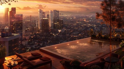 Rooftop infinity pool overlooking a glowing city skyline at sunset, concept of luxury lifestyle and...