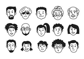 Set of hand drawn human faces doodles. Sketches of young, old, seniors, women, boys, girls, facial expressions, emotions isolated on a white background
