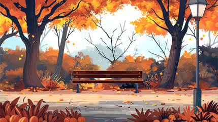Autumn fall season beautiful orange theme landscape empty bench falling leaves wallpaper peaceful calm place illustration