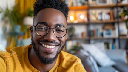 Smiling man in yellow shirt wearing glasses sitting in cozy room with bookshelf and plants.