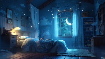 A cozy bedroom scene with a mother tucking her child into bed, surrounded by twinkling stars and a crescent moon shining through the window