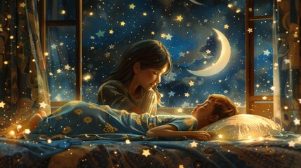A cozy bedroom scene with a mother tucking her child into bed, surrounded by twinkling stars and a crescent moon shining through the window - obrazy, fototapety, plakaty