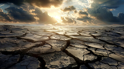 cracked earth in the desert with cloudy sky and harsh sunlight drought and water scarcity climate change concept