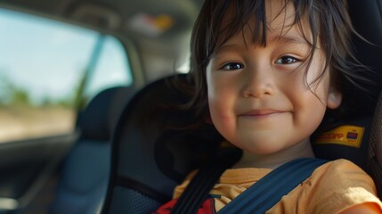 Young girl with dark hair smiling wearing a yellow shirt seated in a car seat looking at the camera.