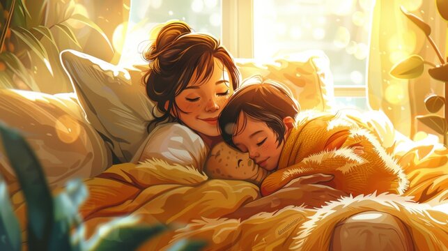 A heartwarming illustration of a mother and child snuggled together on a cozy couch, surrounded by fluffy pillows and a soft, warm blanket