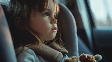 A young girl with a contemplative expression sitting in a car seat holding a teddy bear looking out a window. - obrazy, fototapety, plakaty